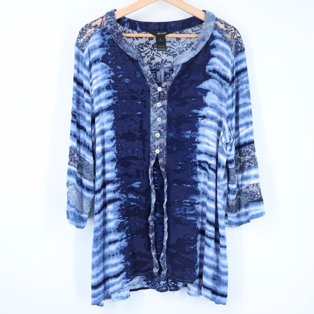 Ali Miles Tunic Top Womens XL Lace Details Blue Tie Dye 3/4 Sleeve Boho Flowey